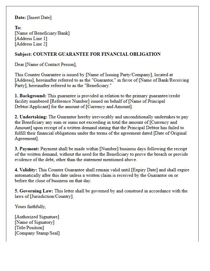 Financial Obligation Counter Guarantee Letter