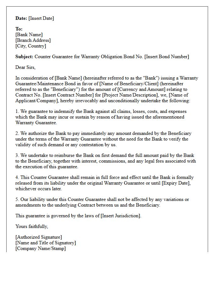 Warranty Obligation Counter Guarantee Letter
