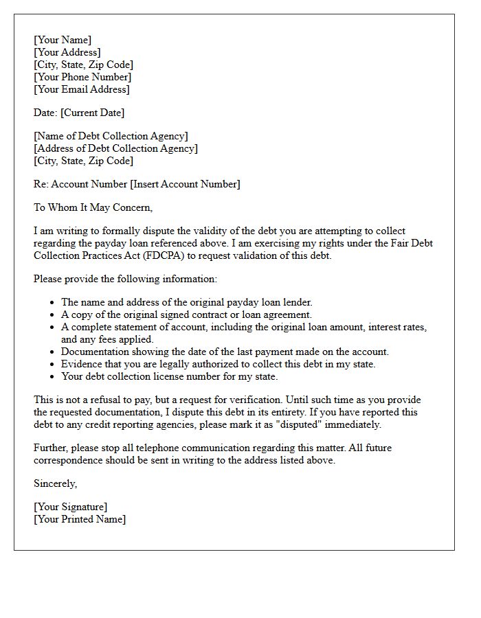 Disputed Payday Loan Debt Validation Letter