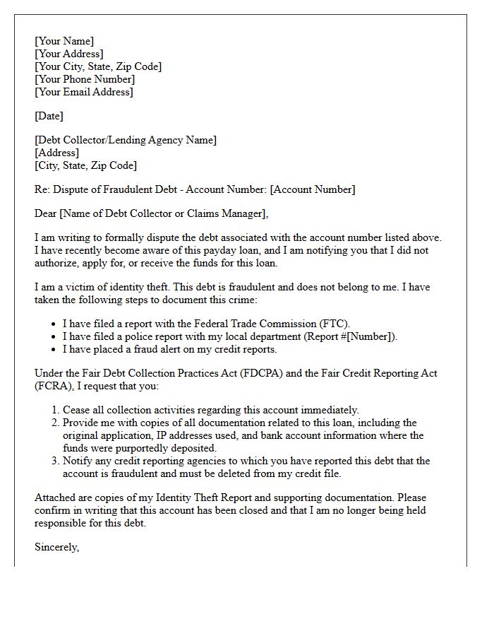 Fraudulent Payday Loan Debt Dispute Letter
