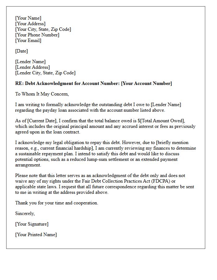 Payday Loan Debt Acknowledgment Letter