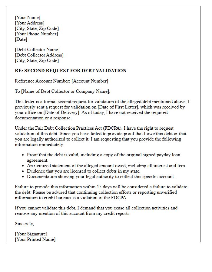 Second Request Payday Loan Debt Validation Letter