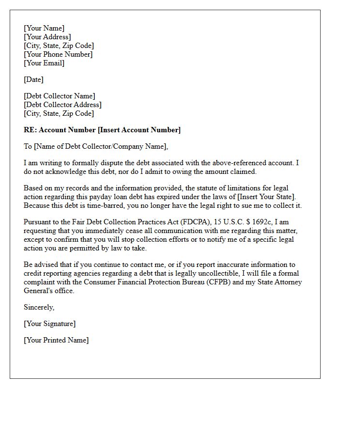 Time-Barred Payday Loan Debt Dispute Letter