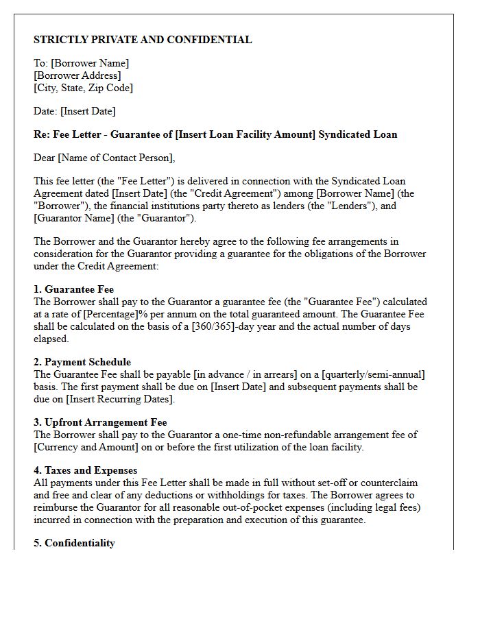 Fee Letter for Syndicated Loan Guarantee