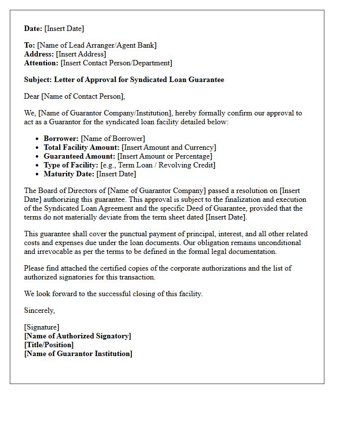 Letter of Approval for Syndicated Loan Guarantee