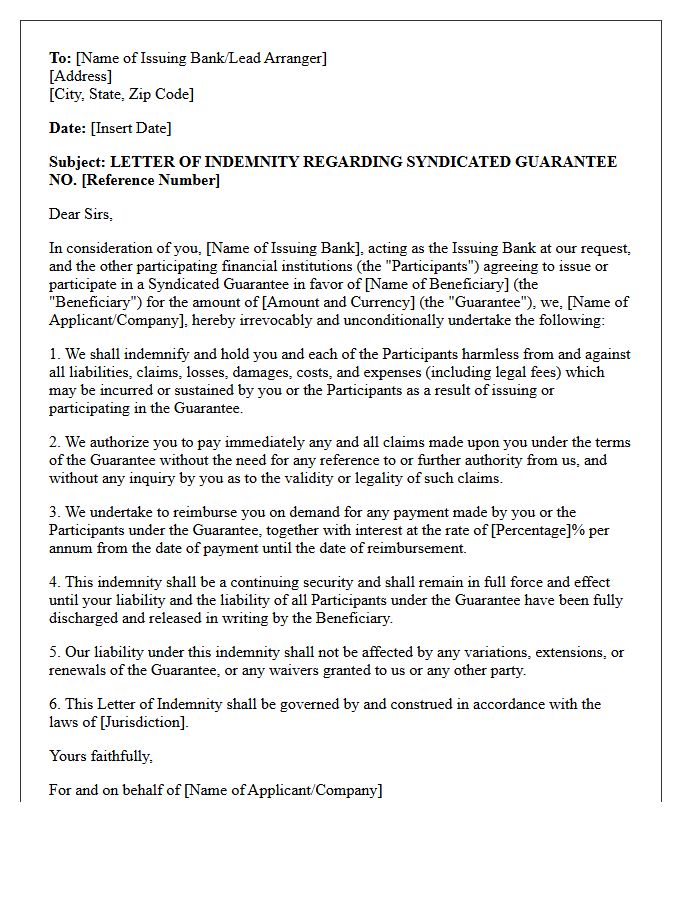 Letter of Indemnity for Syndicated Guarantee