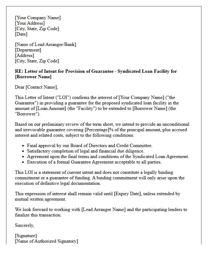 Letter of Intent for Syndicated Loan Guarantee