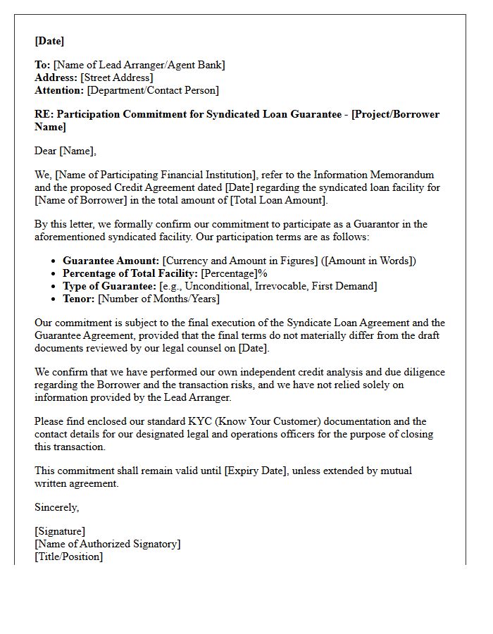 Participation Letter for Syndicated Loan Guarantee