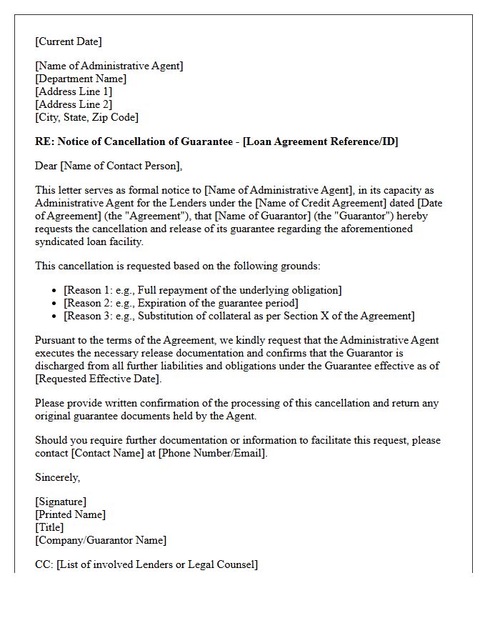 Syndicated Loan Guarantee Cancellation Letter