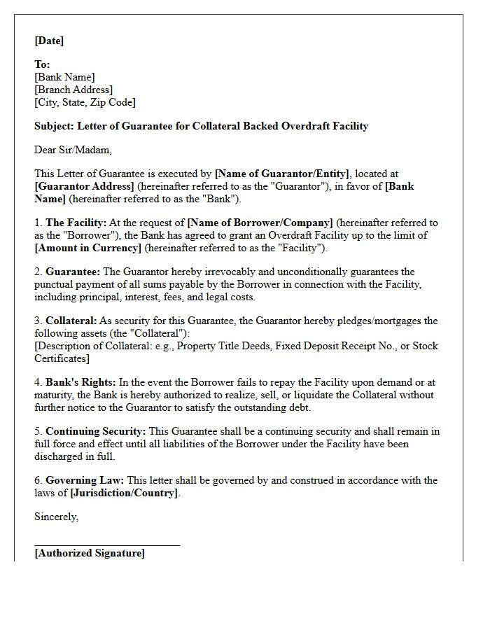 Collateral Backed Overdraft Facility Guarantee Letter