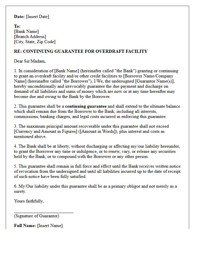 Continuing Guarantee Letter for Overdraft Facility
