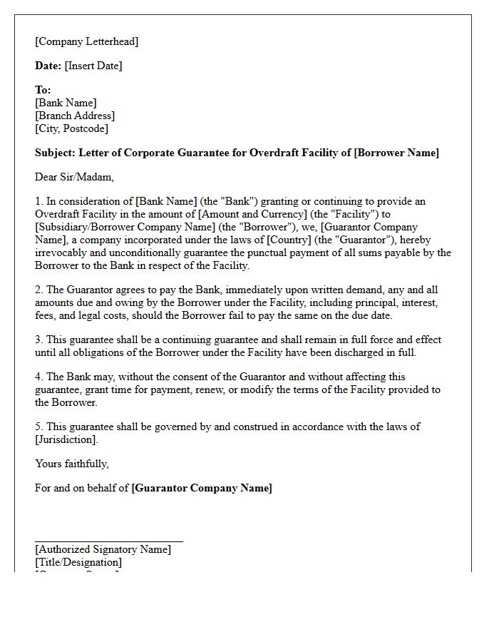 Corporate Guarantee Letter for Overdraft Facility
