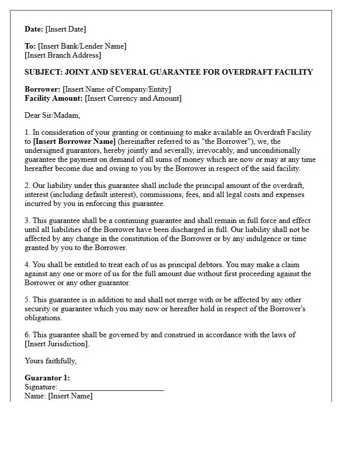 Joint and Several Guarantee Letter for Overdraft Facility