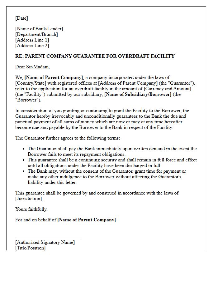 Parent Company Guarantee Letter for Overdraft Facility