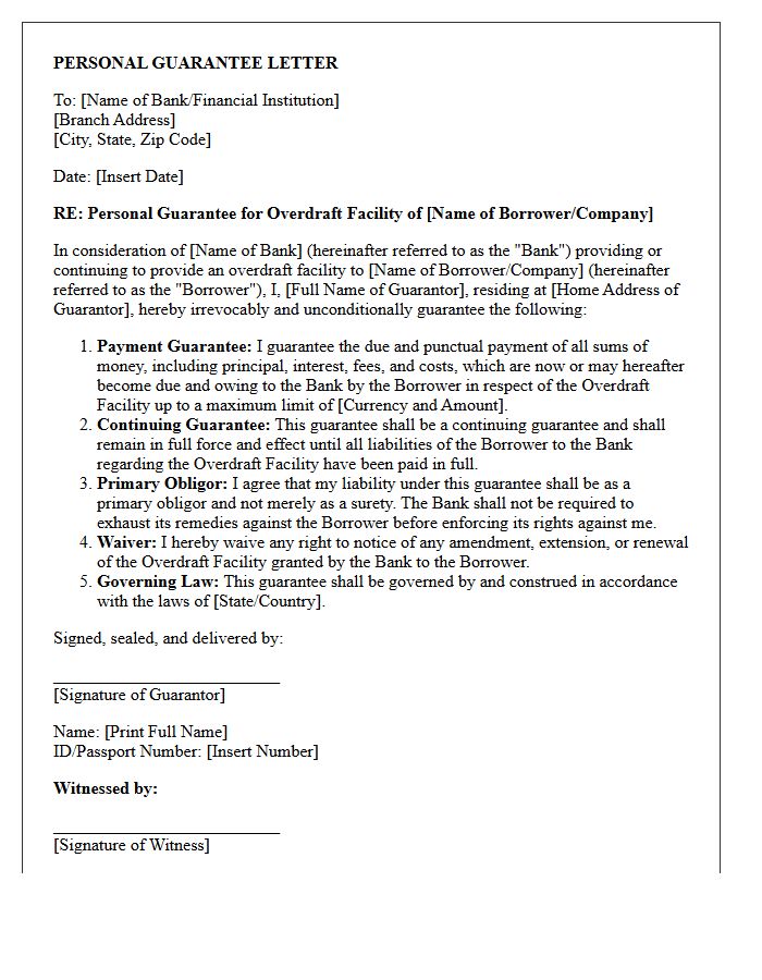 Personal Guarantee Letter for Overdraft Facility