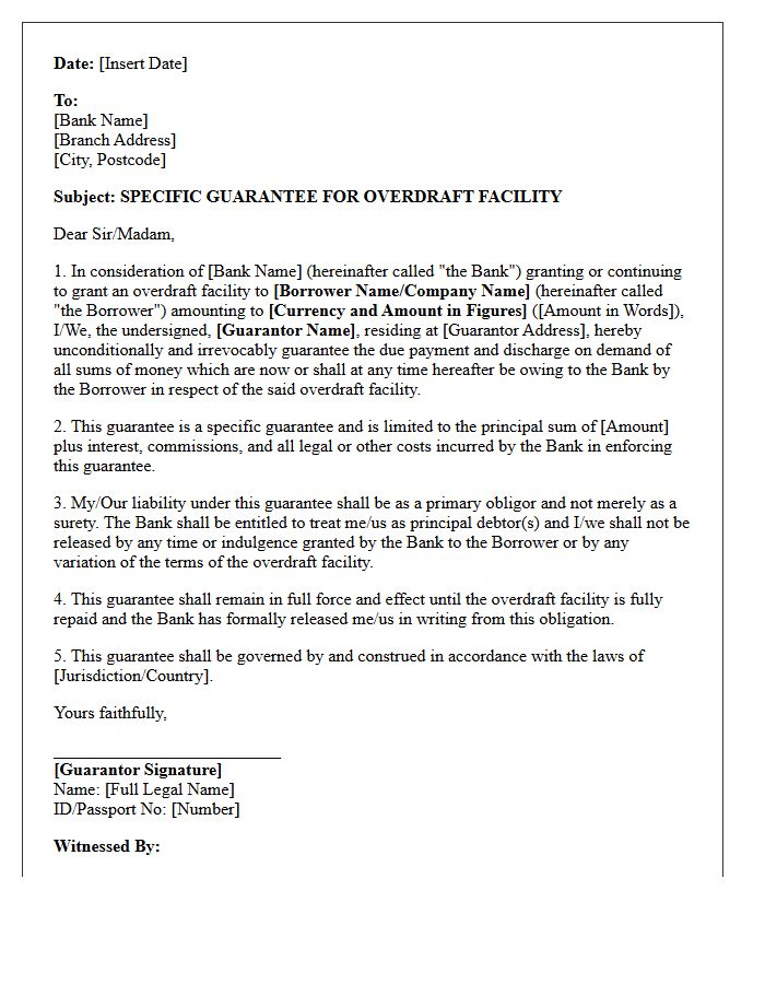 Specific Guarantee Letter for Overdraft Facility