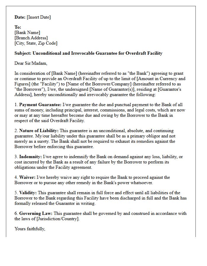 Unconditional Guarantee Letter for Overdraft Facility