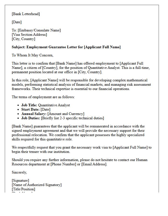 Bank Employment Guarantee Letter for Quantitative Analyst Visa
