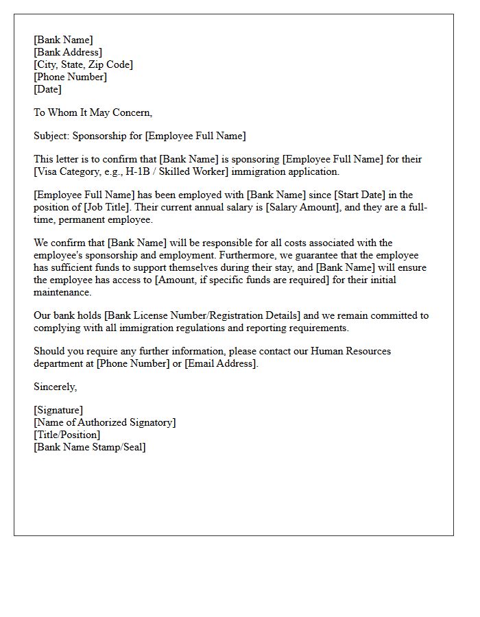 Bank Sponsorship Letter for Foreign Employee Immigration