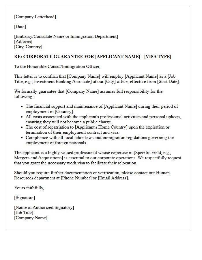 Corporate Guarantee Letter for Investment Banker Work Visa