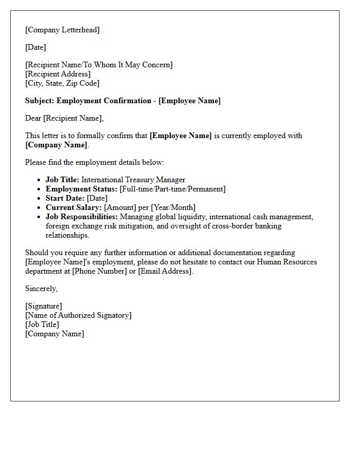 Employment Confirmation Letter for International Treasury Manager