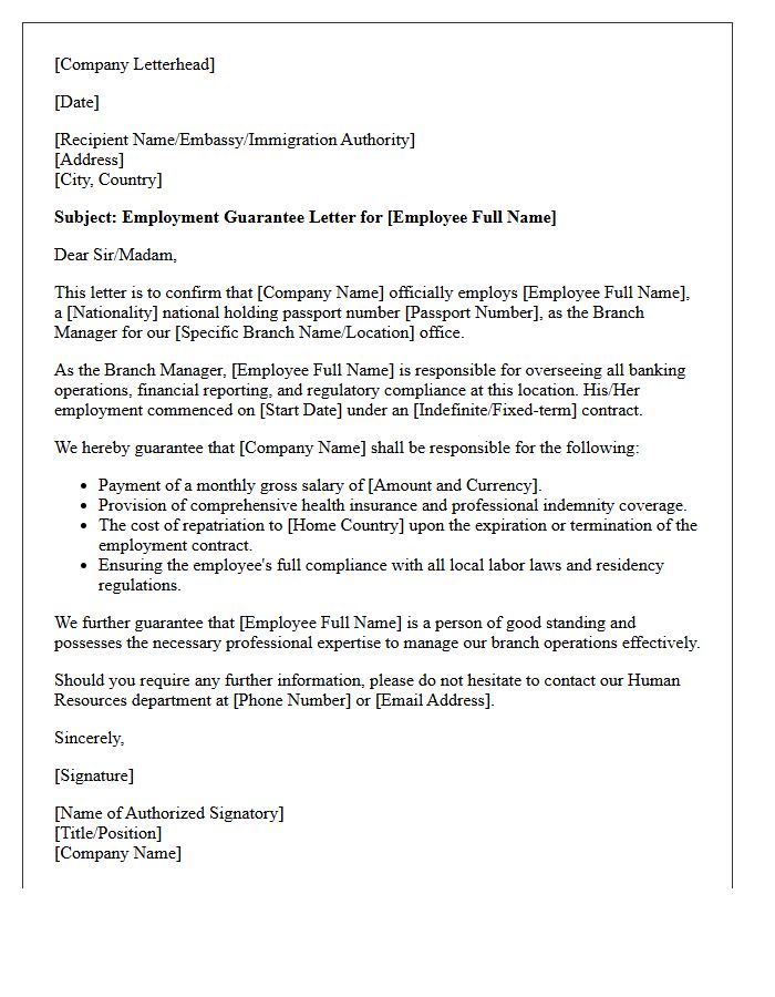 Employment Guarantee Letter for Expatriate Bank Branch Manager