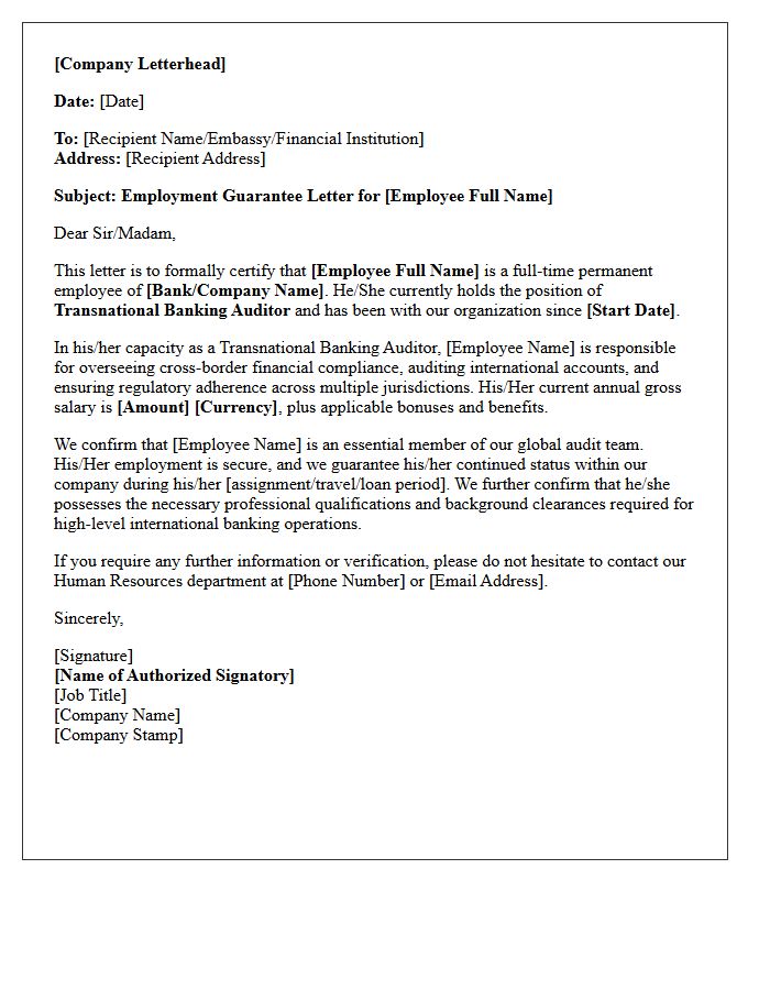 Employment Guarantee Letter for Transnational Banking Auditor