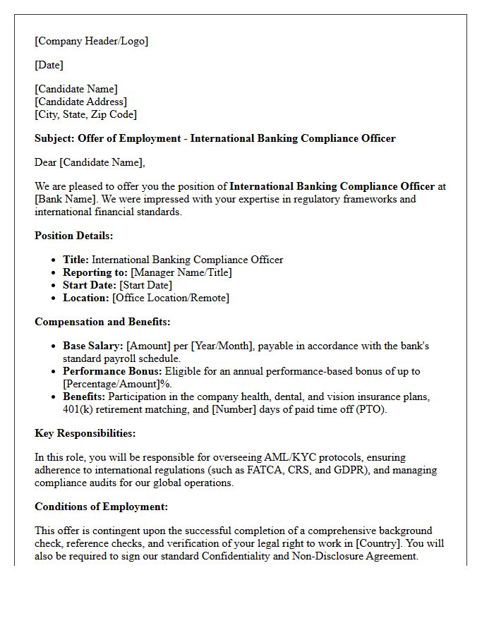 Employment Offer Letter for International Banking Compliance Officer