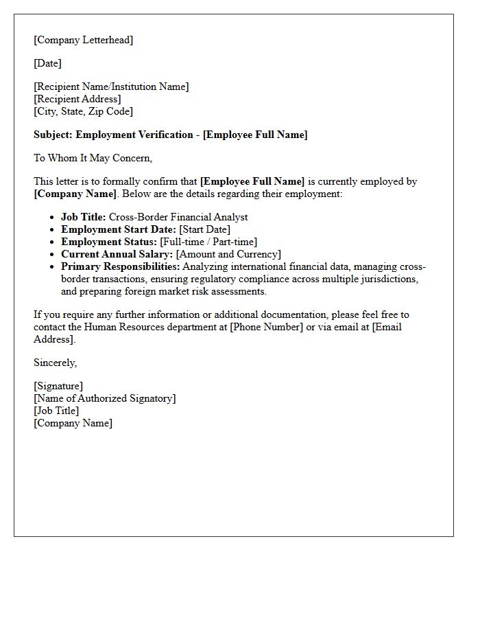 Employment Verification Letter for Cross-Border Financial Analyst