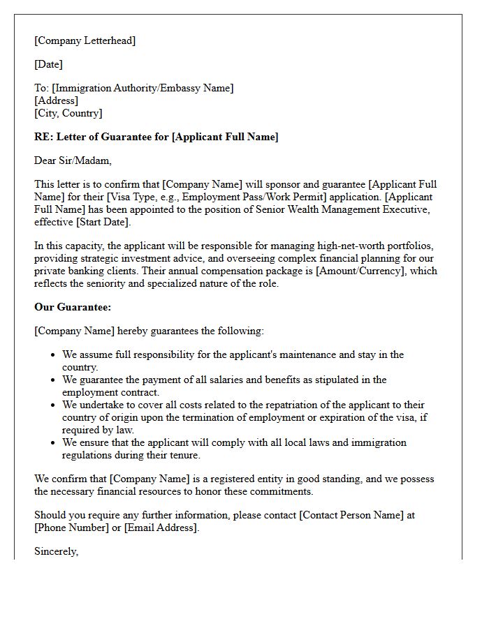 Immigration Guarantee Letter for Senior Wealth Management Executive