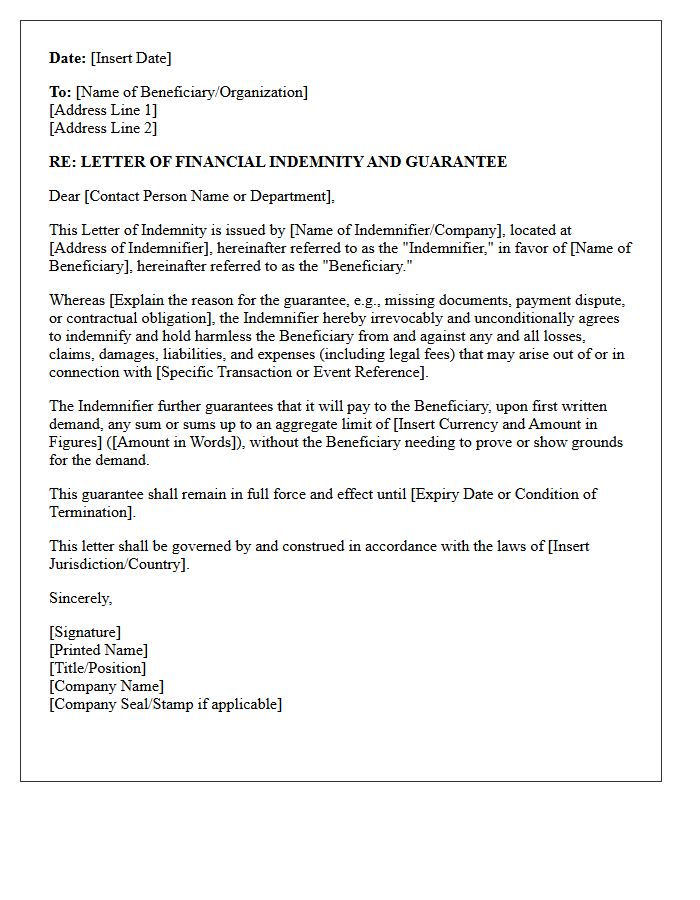 Financial Indemnity Guarantee Letter