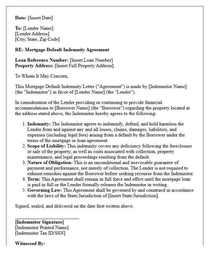 Mortgage Default Indemnity Letter
