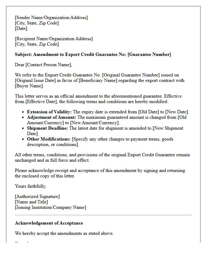 Export Credit Guarantee Amendment Letter