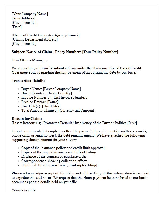 Export Credit Guarantee Claim Letter