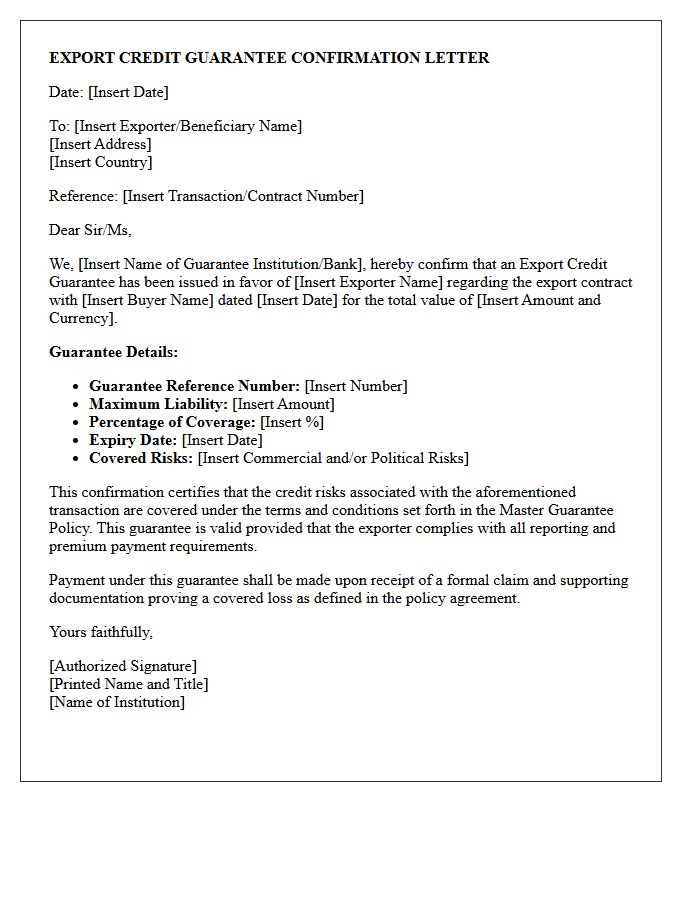 Export Credit Guarantee Confirmation Letter