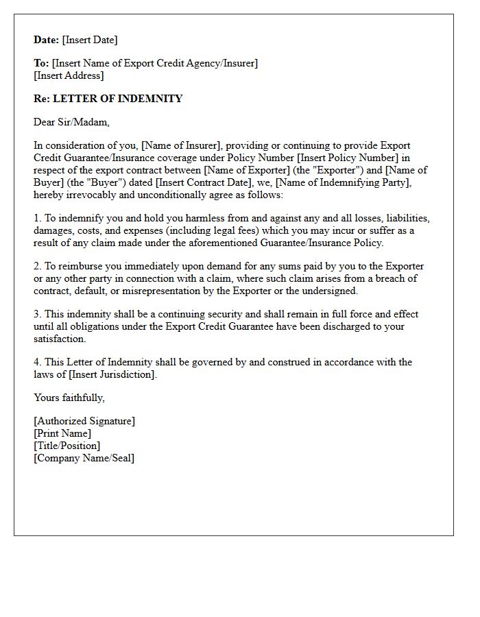 Export Credit Guarantee Indemnity Letter