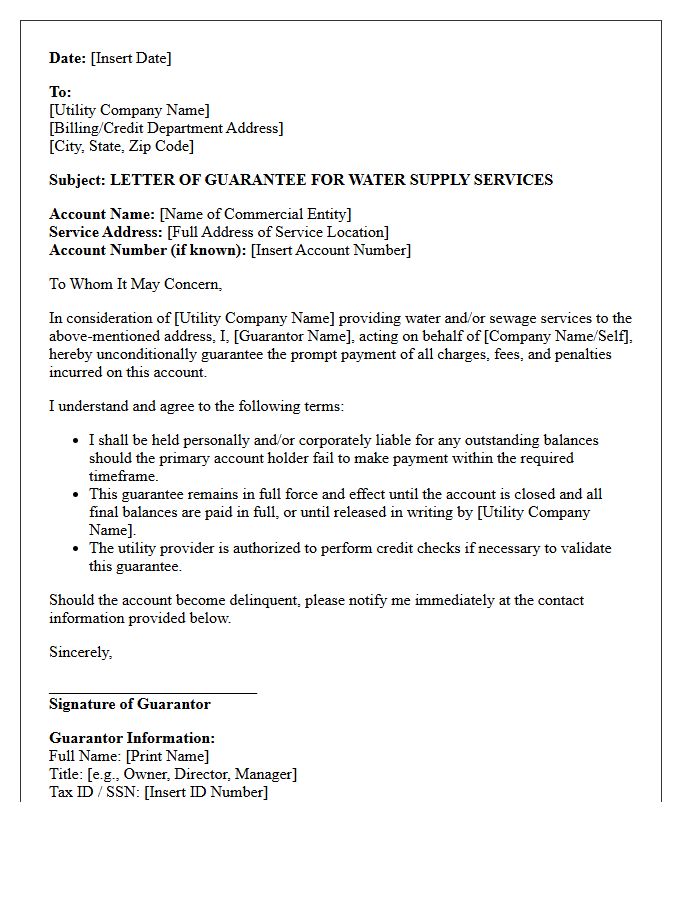 Commercial Water Supply Payment Guarantee Letter