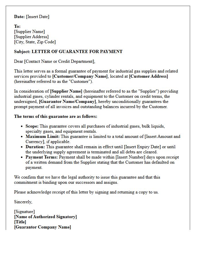 Industrial Gas Supply Payment Guarantee Letter