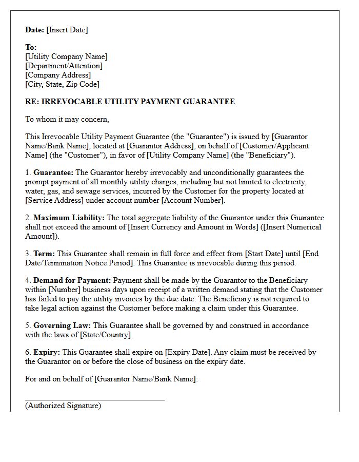 Irrevocable Utility Payment Guarantee Letter