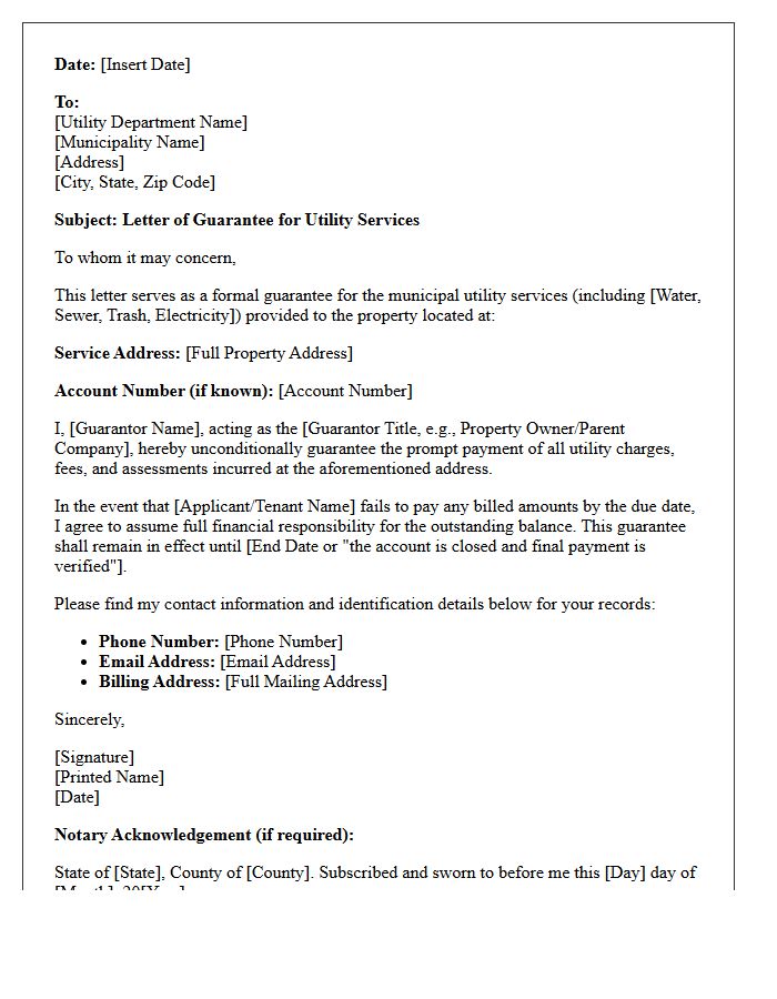 Municipal Utility Services Guarantee Letter