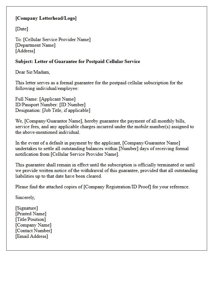 Postpaid Cellular Service Guarantee Letter