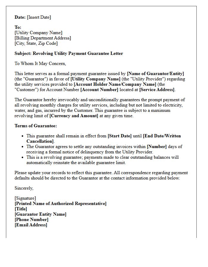 Revolving Utility Payment Guarantee Letter