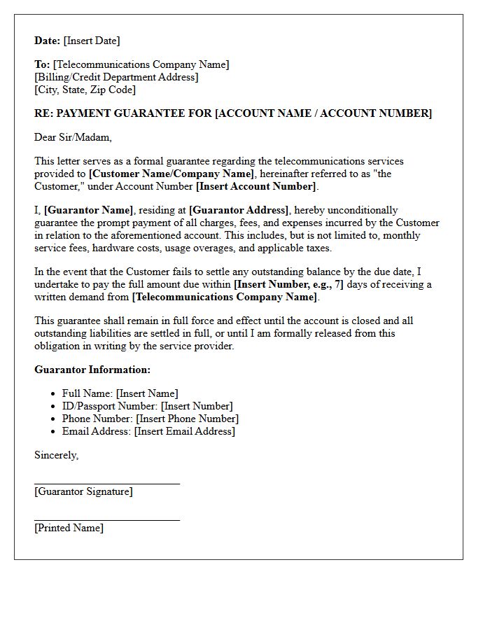 Telecommunications Service Payment Guarantee Letter