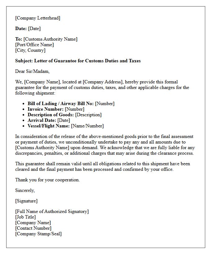 Customs Duty Guarantee Letter