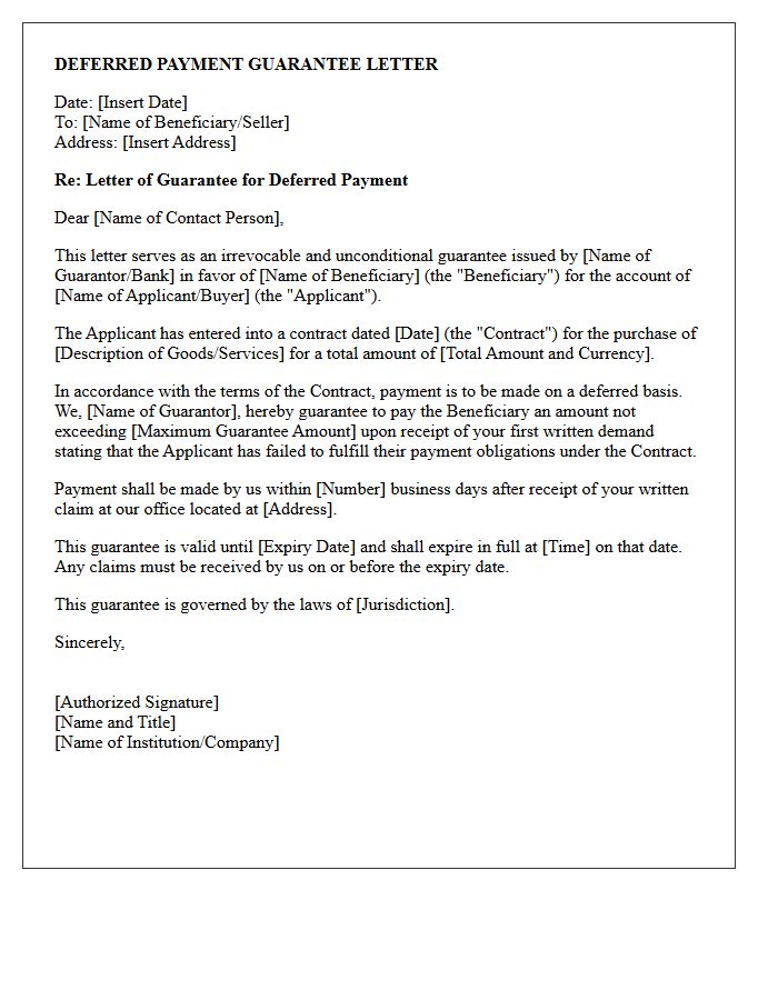Deferred Payment Guarantee Letter