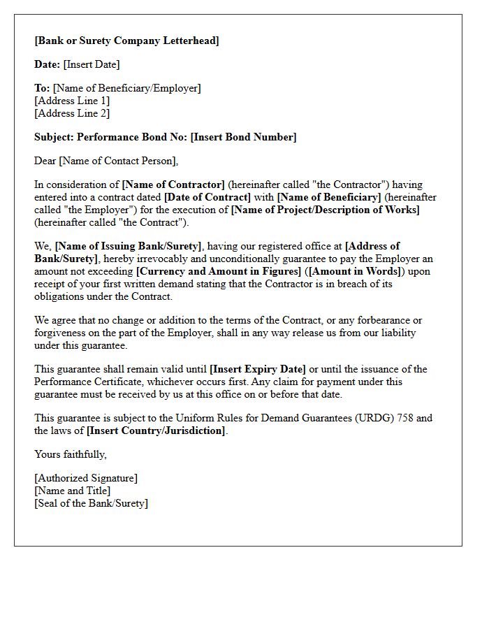 Performance Bond Guarantee Letter