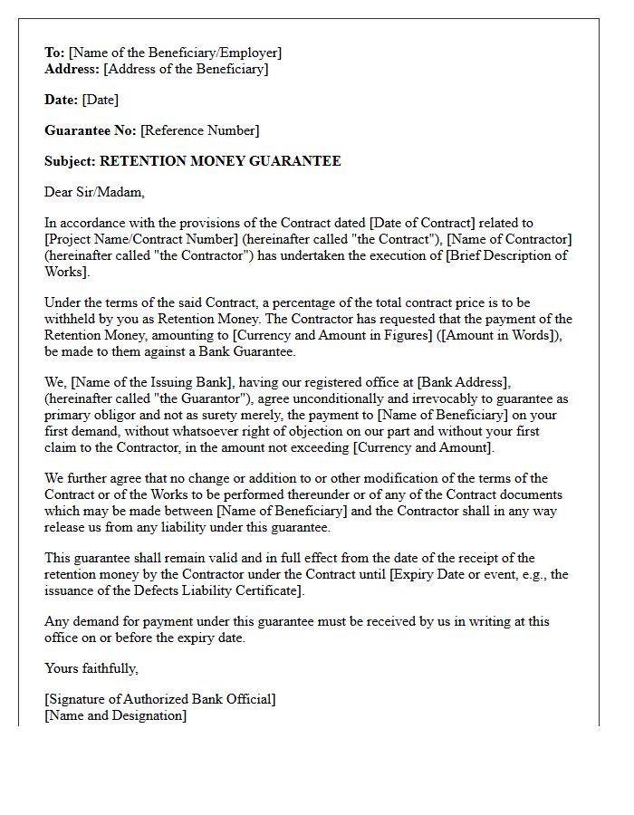 Retention Money Guarantee Letter