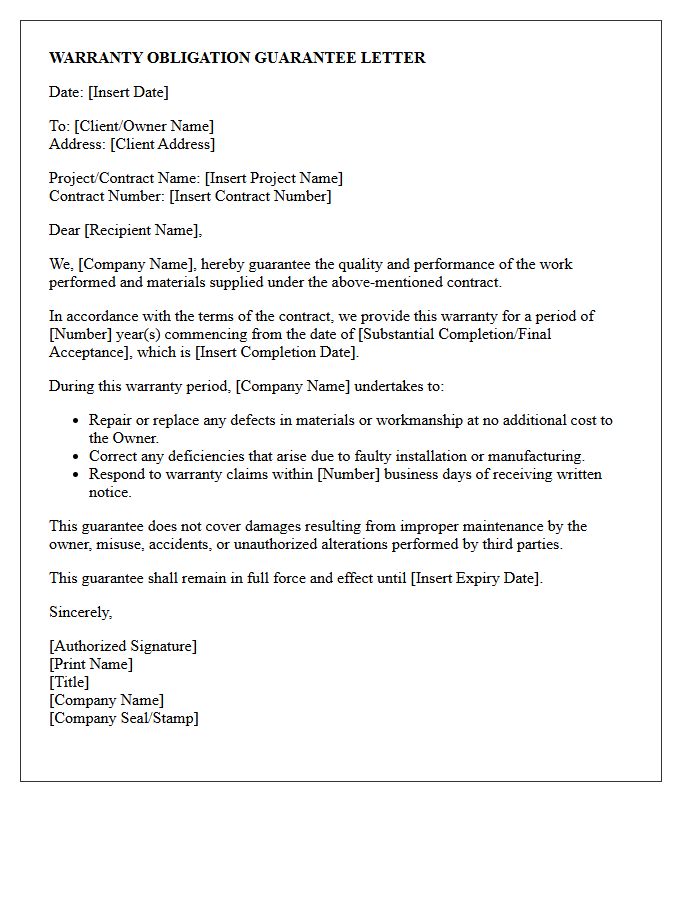 Warranty Obligation Guarantee Letter