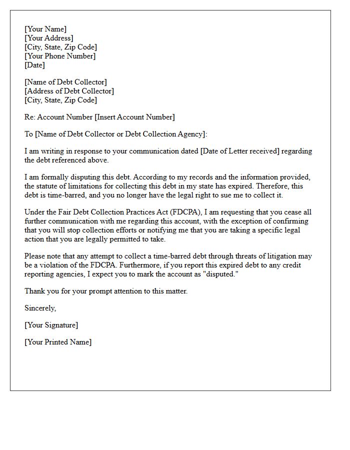 Consumer Dispute Response Time-Barred Debt Letter