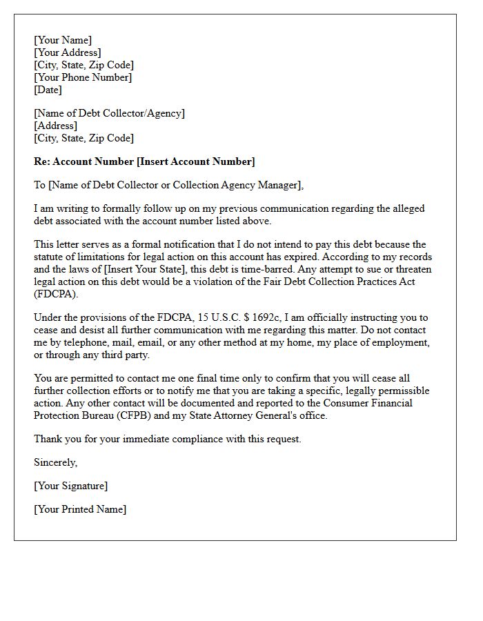 Time-Barred Debt Cease and Desist Confirmation Letter